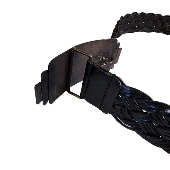 Chico’s- Black Braided Leather Ornate Rising Sun Big Buckle Medallion Belt, S/M - Picture 5 of 9